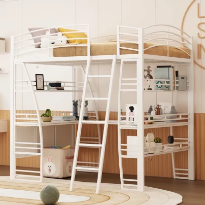 Kumix Full Size Loft Bed with Desk and 4 Layers of Shelves, Metal Loft Bed with Sockets, USB Ports and Wireless Charging for Kids Teens Adults, Loft Bed Frame with Guardrail and Ladder, White