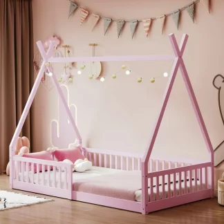 Kumix Tent Floor Bed with Fence Guardrail, Wooden Twin Size Floor Bed with Triangle Framework for Kids Teens Boys and Girls, Toddler Floor Bed with Slats Supports for Bedroom, Noise-Free, Pink