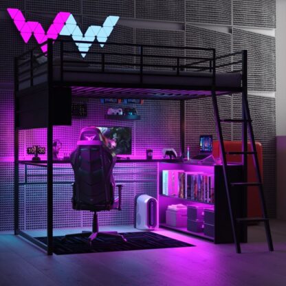 Kumix Metal Loft Bed with LED, Desk and 4 Shelves, Full Size Loft Bed with Safety Guardrail and Ladder for Kids Teens Adults, Full Loft Bed Frame for Bedroom, No Box Spring Needed, Black