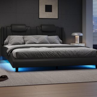 Kumix Queen Size Platform Bed with LED Light and Adjustable Headboard, Modern Style Faux Leather Upholstered Platform Bed for Kids Teens Adults, Queen Platform Bed Frame for Bedroom, Black