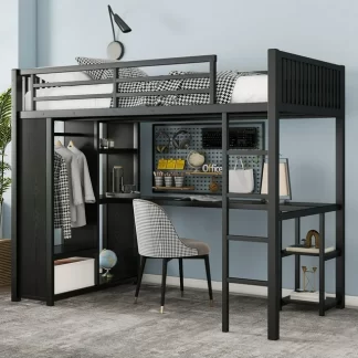 Kumix Twin XL Size Loft Bed with Built-in Wardrobe, Metal Loft Bed with Desk and Storage Shelves, Full-Length Guardrail for Kids Teens Adults, Twin XL Loft Bed Frame for Bedroom, Noise-Free, Black