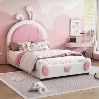 Kumix Upholstered Platform Bed with Rabbit Shaped Headboard, PU Upholstered Twin Size Platform Bed Frame for Kids Teens, Boys Girls, Twin Cute Kids Beds for Bedroom, No Box Spring Needed, White