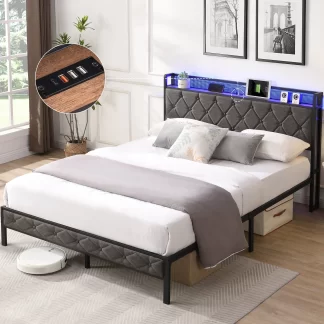 Kumix Queen Size Platform Bed with Storage Headboard, Charging Station and LED Lights, Upholstered Platform Bed with Heavy Metal Slats for Kids Teens Adults, Noise Free, Easy Assembly, Dark Gray