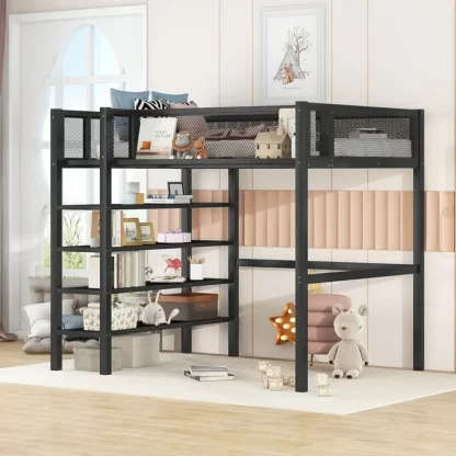 Kumix Twin Size Loft Bed with 4-Tier Shelves and Storage, Metal Twin Loft Beds Frame with Ladders & Safety Guard Rail for Kids Teens Adults, Space-Saving, Noise Free, No Box Spring Needed, Black