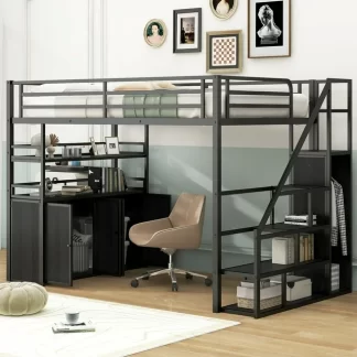 Kumix Full Size Loft Bed with Storage Staircase and Wardrobe, Shelves and Lockers, Metal Loft Bed with Full-Length Guardrail and Stair for Kids Teens Adults, Heavy Duty Loft Bed Frame, Black