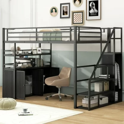 Kumix Full Size Loft Bed with Storage Staircase and Wardrobe, Shelves and Lockers, Metal Loft Bed with Full-Length Guardrail and Stair for Kids Teens Adults, Heavy Duty Loft Bed Frame, Black
