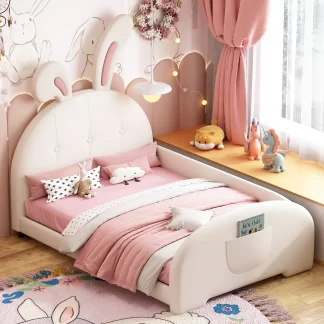 Kumix Twin Size Upholstered Rabbit-Shape Princess Bed, Twin Size Platform Bed with Headboard and Storage Footboard for Kids Teens Boys and Girls, Upholstered Platform Bed Frame for Bedroom, White