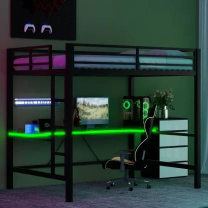 Kumix Gaming Loft Bed with Desk, USB Charging and LED Light, Metal Loft Bed Full Size with Full-Length Guardrail and Ladder for Kids Teens Adults, Color-changing Loft Bed Frame for Bedroom, Black