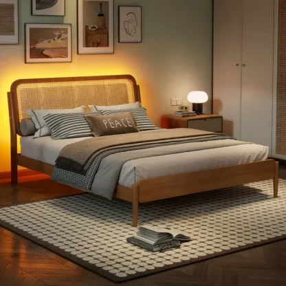 Kumix Platform Bed with LED Light, Queen Size Platform Bed with Rattan Headboard, Under Bed Storage for Kids Teens Adults, Wood Platform Bed Frame for Bedroom, Noise-Free, Easy Assembly, Nature