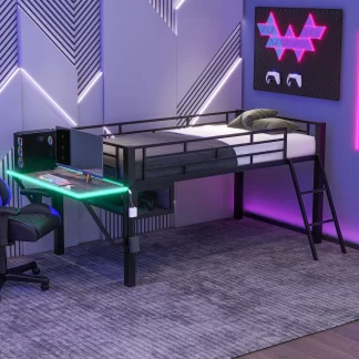 Kumix Twin Loft Bed with Desk, Gaming Mid Loft Bed with LED and Vented Mesh Underbed Storage for Kids Teens Adults, Metal Low Gaming Bedframe with Guardrail and Ladder for Bedroom, Black