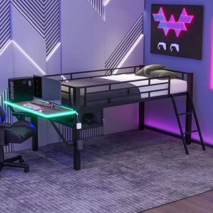 Kumix Twin Loft Bed with Desk, Gaming Mid Loft Bed with LED and Vented Mesh Underbed Storage for Kids Teens Adults, Metal Low Gaming Bedframe with Guardrail and Ladder for Bedroom, Black