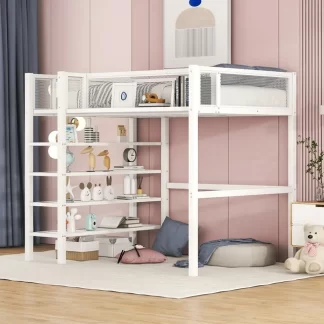 Kumix Twin Size Loft Bed with 4-Tier Shelves and Storage, Metal Twin Loft Beds Frame with Ladders & Safety Guard Rail for Kids Teens Adults, Space-Saving, Noise Free, No Box Spring Needed, White
