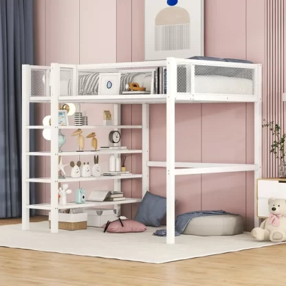 Kumix Twin Size Loft Bed with 4-Tier Shelves and Storage, Metal Twin Loft Beds Frame with Ladders & Safety Guard Rail for Kids Teens Adults, Space-Saving, Noise Free, No Box Spring Needed, White