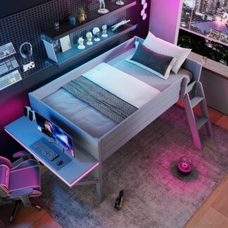 Kumix Gaming Loft Bed with Desk and LED, Wood Twin Size Loft Bed with Full-Length Guardrail and Ladder for Kids Teens Adults, Heavy Duty Low Loft Bed Frame for Bedroom, Noise-Free, Grey