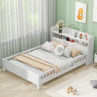 Kumix Platform Bed with Built-in LED Light, Wood Full Size Platform Bed with Storage Headboard and Full- Length Guardrail for Kids Teens Boys and Girls, Full Platform Bed Frame for Bedroom, White