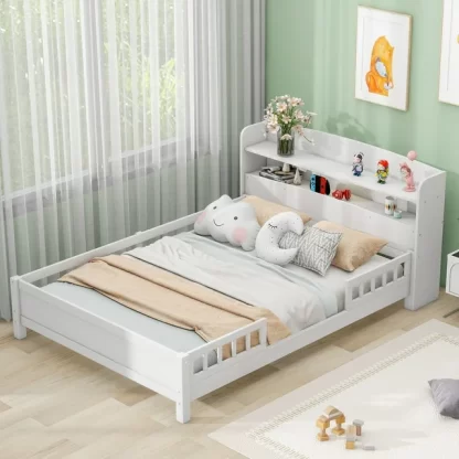 Kumix Platform Bed with Built-in LED Light, Wood Full Size Platform Bed with Storage Headboard and Full- Length Guardrail for Kids Teens Boys and Girls, Full Platform Bed Frame for Bedroom, White