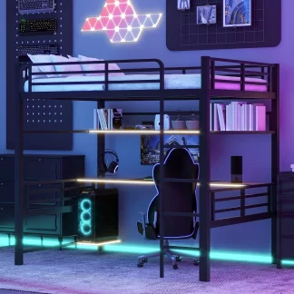Kumix Metal Loft Bed with Storage Shelf and LED Light, Iron Mesh, Full Size Loft Bed with Guardrail and Ladder for Kids Teens Adults, Heavy Duty Loft Bed Frame for Bedroom, Noise-Free, Black