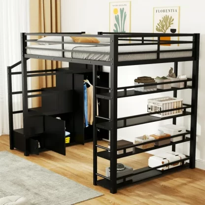 Kumix Full Size Loft Bed with Storage Shelves, Cabinets and Wardrobe, Metal Loft Bed with Storage Stairs and Full-Length Guardrail for Kids Teens Adults, Heavy Duty Loft Bed Frame for Bedroom, Black