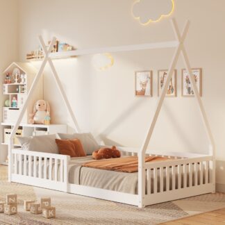 Kumix Tent Floor Bed with Fence Guardrail, Wooden Twin Size Floor Bed with Triangle Framework for Kids Teens Boys and Girls, Toddler Floor Bed with Slats Supports for Bedroom, Noise-Free, White