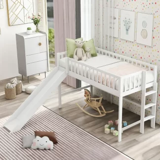 Kumix Low Loft Bed with Slide, Twin Size Loft Bed with Full-Length Guardrail and Ladder for Kids Boys, Girls Teens Adults, Wooden Loft Bed Frame for Bedroom, Kids Loft Bed Twin Size, White
