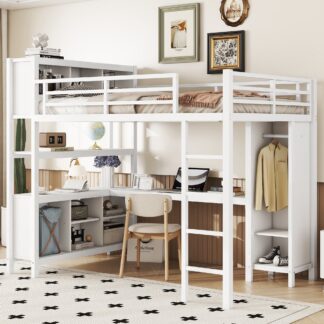 Kumix Metal Loft Bed with Wardrobe And L-shaped Desk, Full Size Loft Bed with Storage Cubes and Shelves, Heavy Duty Loft Bed Frame for Kids Teens Adults, Noise-Free, Easy Assembly, White
