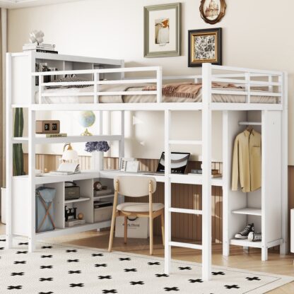 Kumix Metal Loft Bed with Wardrobe And L-shaped Desk, Full Size Loft Bed with Storage Cubes and Shelves, Heavy Duty Loft Bed Frame for Kids Teens Adults, Noise-Free, Easy Assembly, White