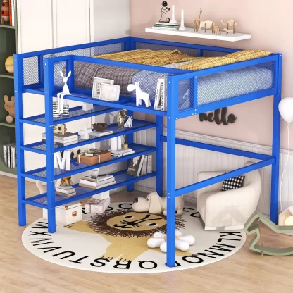 Kumix Full Size Loft Bed with 4-Tier Shelves and Storage, Metal Full Loft Beds Frame with Ladders & Safety Guard Rail for Kids Teens Adults, Space-Saving, Noise Free, No Box Spring Needed, Blue