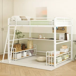 Kumix Full Size Loft Bed with Desk, Storage Shelves and Charging Station, Metal Loft Bed with Full-Length Guardrail and Ladder for Kids Teens Adults, Heavy Duty Loft Bed Frame for Bedroom, White