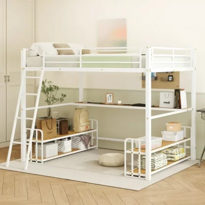 Kumix Full Size Loft Bed with Desk, Storage Shelves and Charging Station, Metal Loft Bed with Full-Length Guardrail and Ladder for Kids Teens Adults, Heavy Duty Loft Bed Frame for Bedroom, White