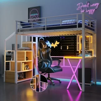 Kumix Metal Loft Bed with Built-in Work Station, Wardrobe, Storage Staircase and LED, Twin Size Loft Bed with Full-Length Guardrail and Stair for Kids Teens Adults, Loft Bed Frame for Bedroom, White