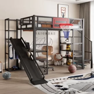 Kumix Full Size Loft Bed with Slide, Built-in Desk, Open Wardrobe, Basketball Hoop and Staircase, Metal Loft Bed with Safety Guardrail and Ladder for Kids Teens Adults, Full Loft Bed Frame, Black