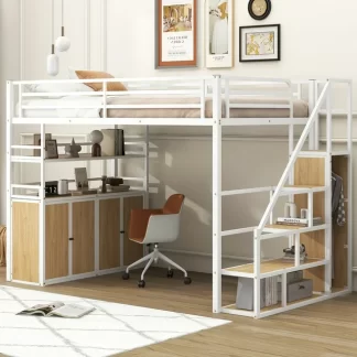 Kumix Full Size Loft Bed with Storage Staircase and Wardrobe, Shelves and Lockers, Metal Loft Bed with Full-Length Guardrail and Stair for Kids Teens Adults, Heavy Duty Loft Bed Frame, White