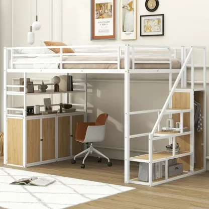 Kumix Full Size Loft Bed with Storage Staircase and Wardrobe, Shelves and Lockers, Metal Loft Bed with Full-Length Guardrail and Stair for Kids Teens Adults, Heavy Duty Loft Bed Frame, White