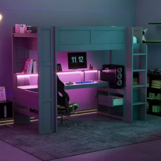 Kumix Gaming Loft Bed with Desk, Multi-storage Shelves, LED and Charging Station, Wood Twin Size Loft Bed with Full-Length Guardrail and Ladder for Kids Teens Adults, Twin Loft Bed Frame, Gray