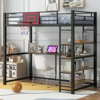 Kumix Metal Loft Bed with Desk, Shelves and Basketball Hoop, Twin Size Loft Bed with Full-Length Guardrail and Ladder for Kids Teens Adults, Heay Duty Loft Bed Frame for Bedroom, Noise-Free, Black