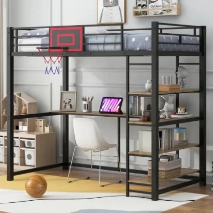 Kumix Metal Loft Bed with Desk, Shelves and Basketball Hoop, Twin Size Loft Bed with Full-Length Guardrail and Ladder for Kids Teens Adults, Heay Duty Loft Bed Frame for Bedroom, Noise-Free, Black