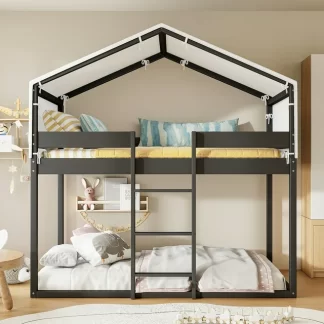 Kumix Twin over Twin Bunk Bed, Wooden House Bunk Bed with Tent, Full-Length Guardrail and Ladder for Kids Teens Adults, Low Bunk Bed Frame for Bedroom, 2 in 1 Bunk Bed, Noise-Free, Espresso