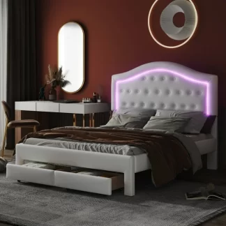 Kumix Upholstered Platform Bed with LED and 2 Drawers, Queen Size Platform Bed Tufted Headboard for Kids Teens Adults, Modern Faux Leather Princess Beds for Bedroom, Noise-Free, Easy Assembly, White