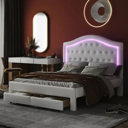 Kumix Upholstered Platform Bed with LED and 2 Drawers, Queen Size Platform Bed Tufted Headboard for Kids Teens Adults, Modern Faux Leather Princess Beds for Bedroom, Noise-Free, Easy Assembly, White