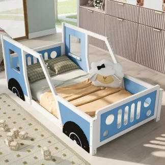 Kumix Twin Size Platform Bed, Wooden Classic Car-Shaped Platform Bed with Wheels/Headboard/Footboard/Doors/Windows for Kids Boys and Girls, Kids Platform Bed for Bedroom, Noise-Free, Blue