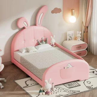 Kumix Twin Size Upholstered Rabbit-Shape Princess Bed, Twin Size Platform Bed with Headboard and Storage Footboard for Kids Teens Boys and Girls, Upholstered Platform Bed Frame for Bedroom, Pink