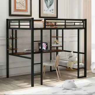 Kumix Full Size Loft Bed with Desk, Bench and Shelves, Metal Loft Bed with Guardrail and Ladder for Kids Teens Adults, Heavy Duty Full Loft Bed Frame for Bedroom, Noise-Free, Black