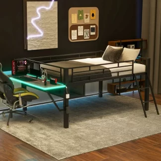 Kumix Full Loft Bed with Desk, Gaming Mid Loft Bed with LED and Vented Mesh Underbed Storage for Kids Teens Adults, Metal Low Gaming Bedframe with Guardrail and Ladder for Bedroom, Black