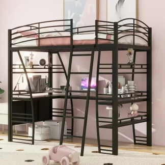 Kumix Twin Size Loft Bed with Desk and 4 Layers of Shelves, Metal Loft Bed with Sockets, USB Ports and Wireless Charging for Kids Teens Adults, Loft Bed Frame with Guardrail and Ladder, Black
