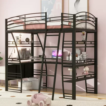 Kumix Twin Size Loft Bed with Desk and 4 Layers of Shelves, Metal Loft Bed with Sockets, USB Ports and Wireless Charging for Kids Teens Adults, Loft Bed Frame with Guardrail and Ladder, Black