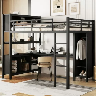 Kumix Metal Loft Bed with Wardrobe And L-shaped Desk, Full Size Loft Bed with Storage Cubes and Shelves, Heavy Duty Loft Bed Frame for Kids Teens Adults, Noise-Free, Easy Assembly, Black