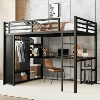 Kumix Queen Size Loft Bed with Built-in Wardrobe, Metal Loft Bed with Desk and Storage Shelves, Full-Length Guardrail for Kids Teens Adults, Queen Loft Bed Frame for Bedroom, Noise-Free, Black