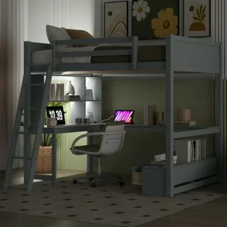 Kumix Full Size Loft Bed with L-shaped Multi-storage Desk, LED light and USB Charging Station, Storage Bench with 2 Drawers, Wooden Loft Bed Frame for Kids Teens Adults, Full Loft Bed, Grey
