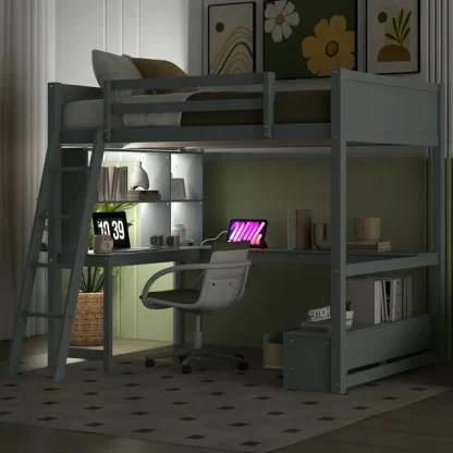 Kumix Full Size Loft Bed with L-shaped Multi-storage Desk, LED light and USB Charging Station, Storage Bench with 2 Drawers, Wooden Loft Bed Frame for Kids Teens Adults, Full Loft Bed, Grey