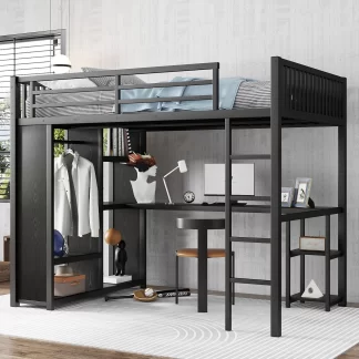 Kumix Full XL Size Loft Bed with Built-in Wardrobe, Metal Loft Bed with Desk and Storage Shelves, Full-Length Guardrail for Kids Teens Adults, Full XL Loft Bed Frame for Bedroom, Noise-Free, Black